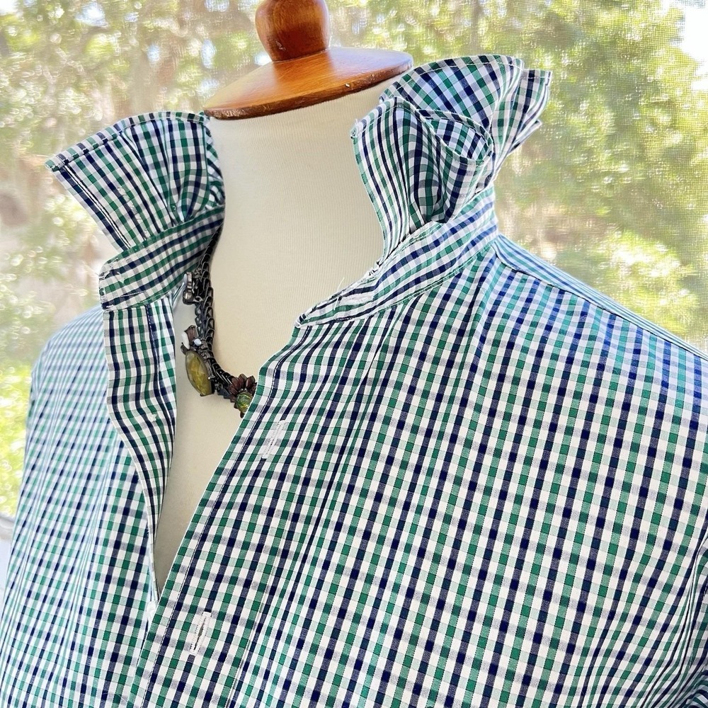 Upcycled Re-worked Brooks Bros Green Navy Micro Check Ruffle Collar Crop Shirt M - Picture 5 of 11